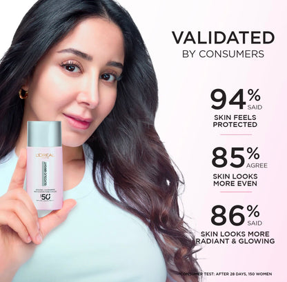 Woman holding a L'Oreal product with skincare validation statistics on a white background