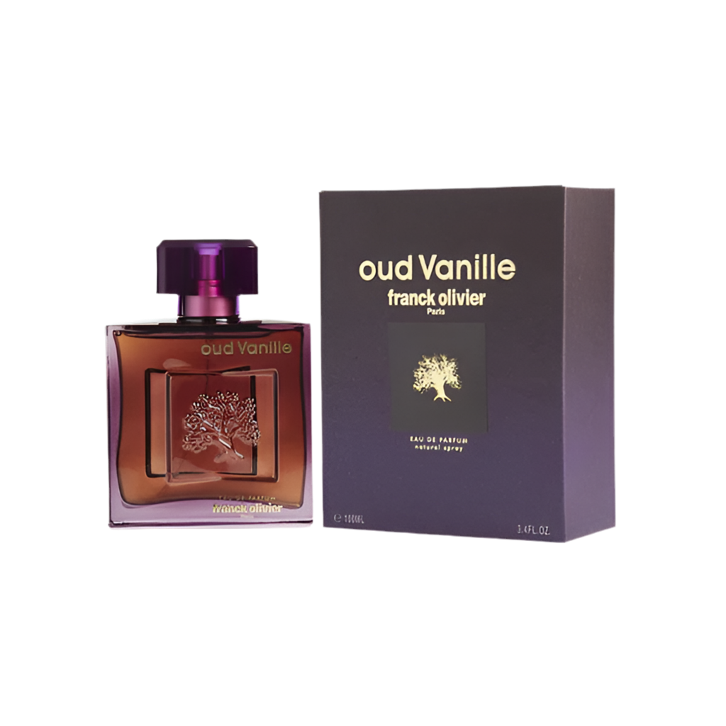 Perfume bottle and packaging of Franck Olivier Oud Vanille on a white background