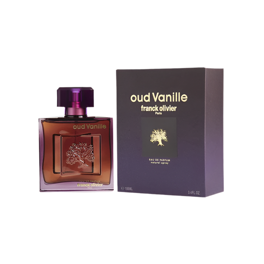 Perfume bottle and packaging of Franck Olivier Oud Vanille on a white background