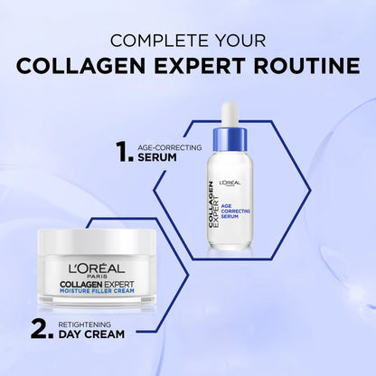 L'Oreal Collagen Expert serum and cream on a light blue background