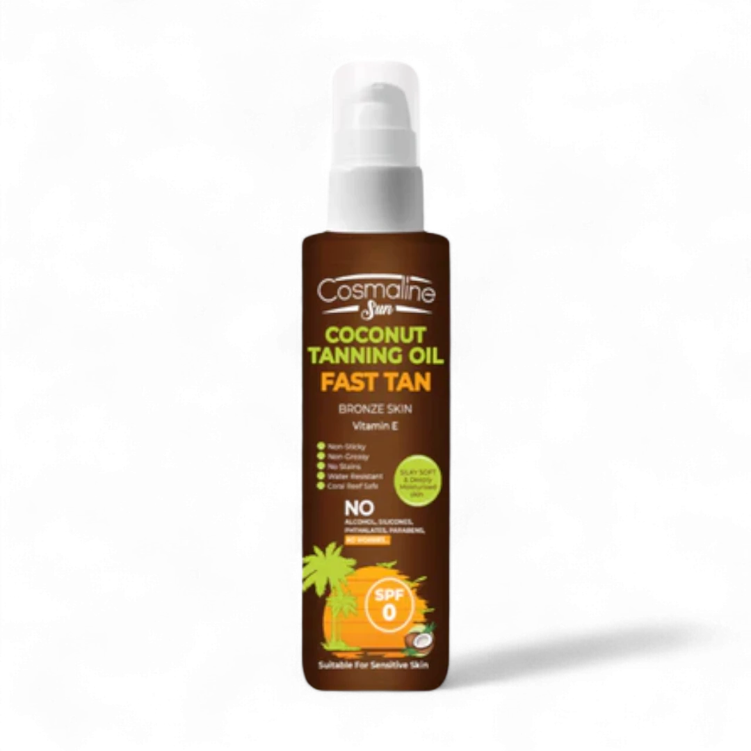 Cosmaline Coconut Tanning Oil Fast Tan bottle on a white background