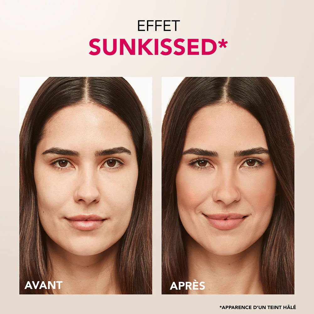 Before and after comparison of a woman's face with 'Sunkissed' effect on a beige background.