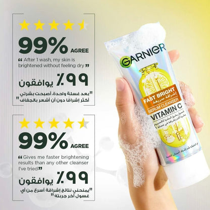 Garnier serum cleanser with user feedback on a light background