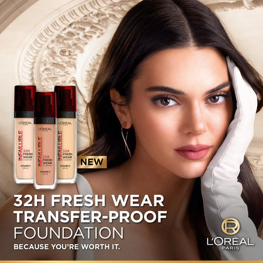 Advertisement for L'Oreal Paris 32H Fresh Wear Transfer-Proof Foundation with a woman and product bottles.