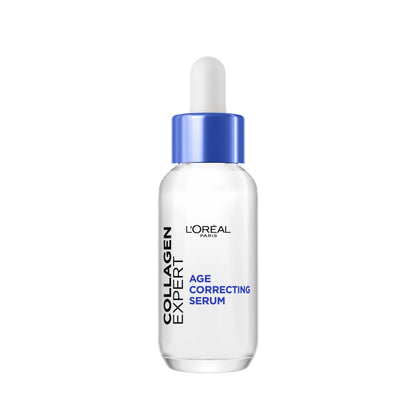L'Oreal Collagen Expert Age Correcting Serum bottle with blue cap on a white background