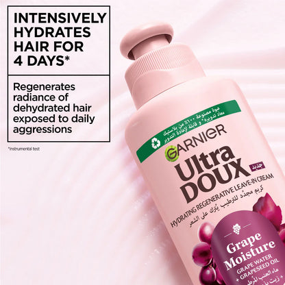Garnier Ultra Doux hair care product with text highlighting hydration benefits on a pink background
