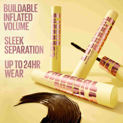Maybelline mascara with product features on a yellow background