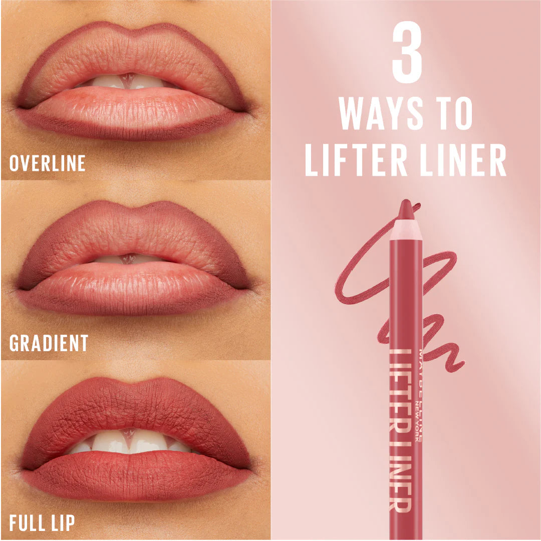 Maybelline Lifter Liner Lip Liner With Hyaluronic Acid product with three application methods on a pink background