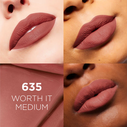 Lipstick shade 635 'Worth It Medium' applied on lips with close-up views.