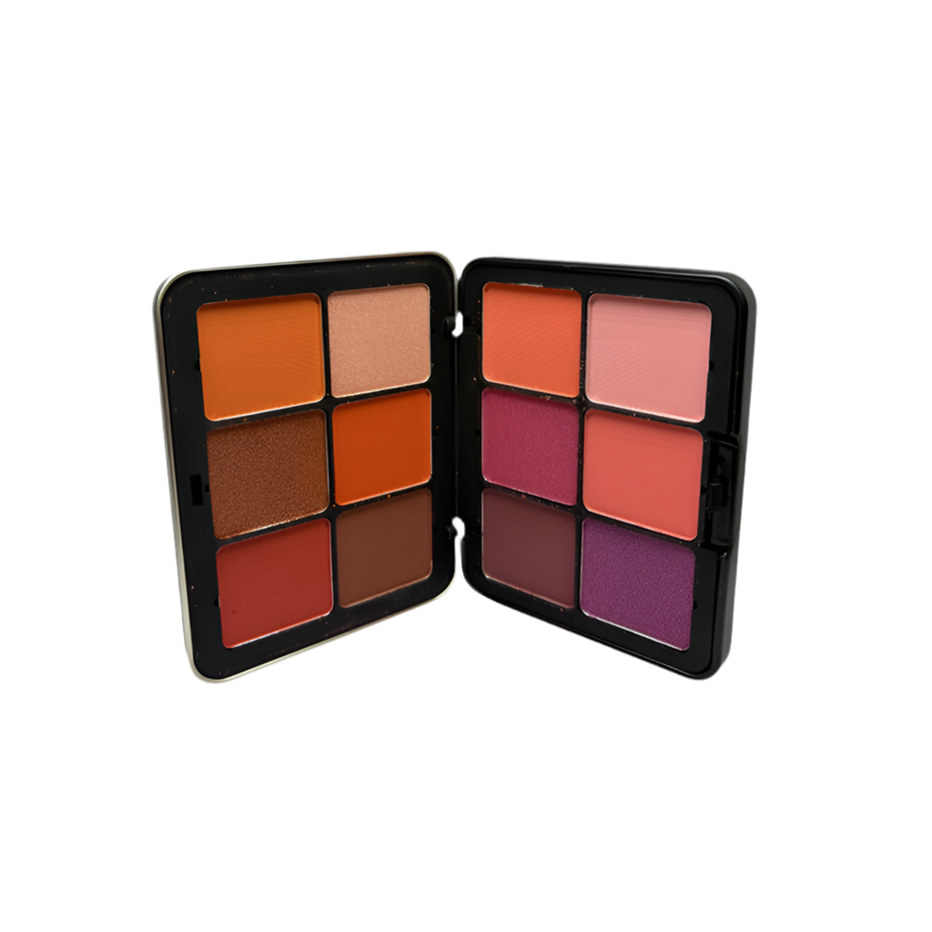 Makeup palette with six colorful swatches on a white background