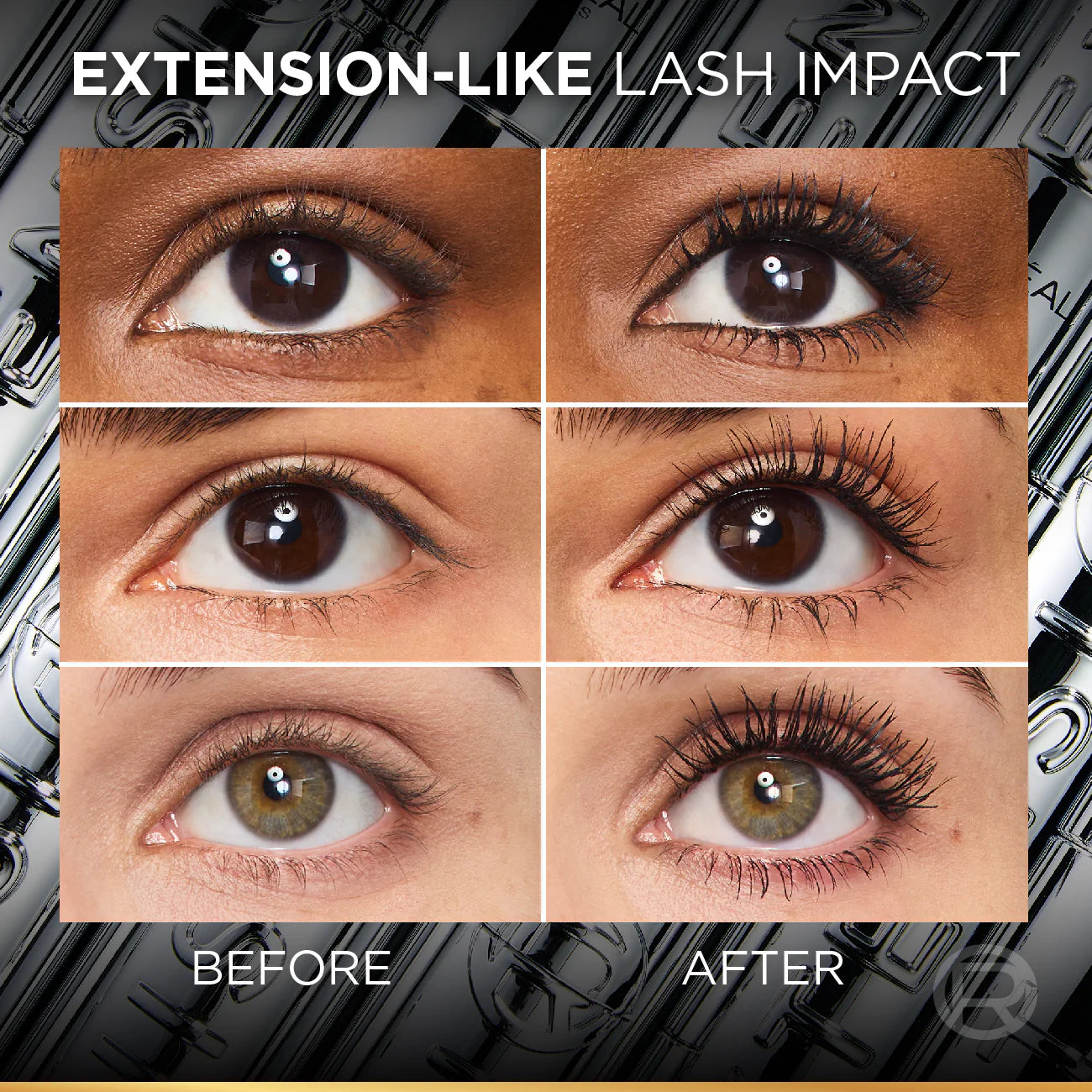 Before and after comparison of eyelashes with extension-like impact of L'Oréal Paris Telescopic Extensionist Black Mascara on a close-up of an eye.
