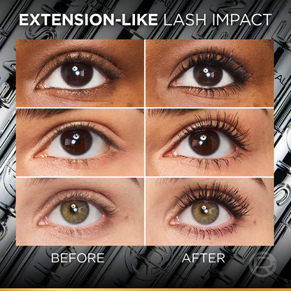 Before and after comparison of eyelashes with extension-like impact of L'Oréal Paris Telescopic Extensionist Black Mascara on a close-up of an eye.
