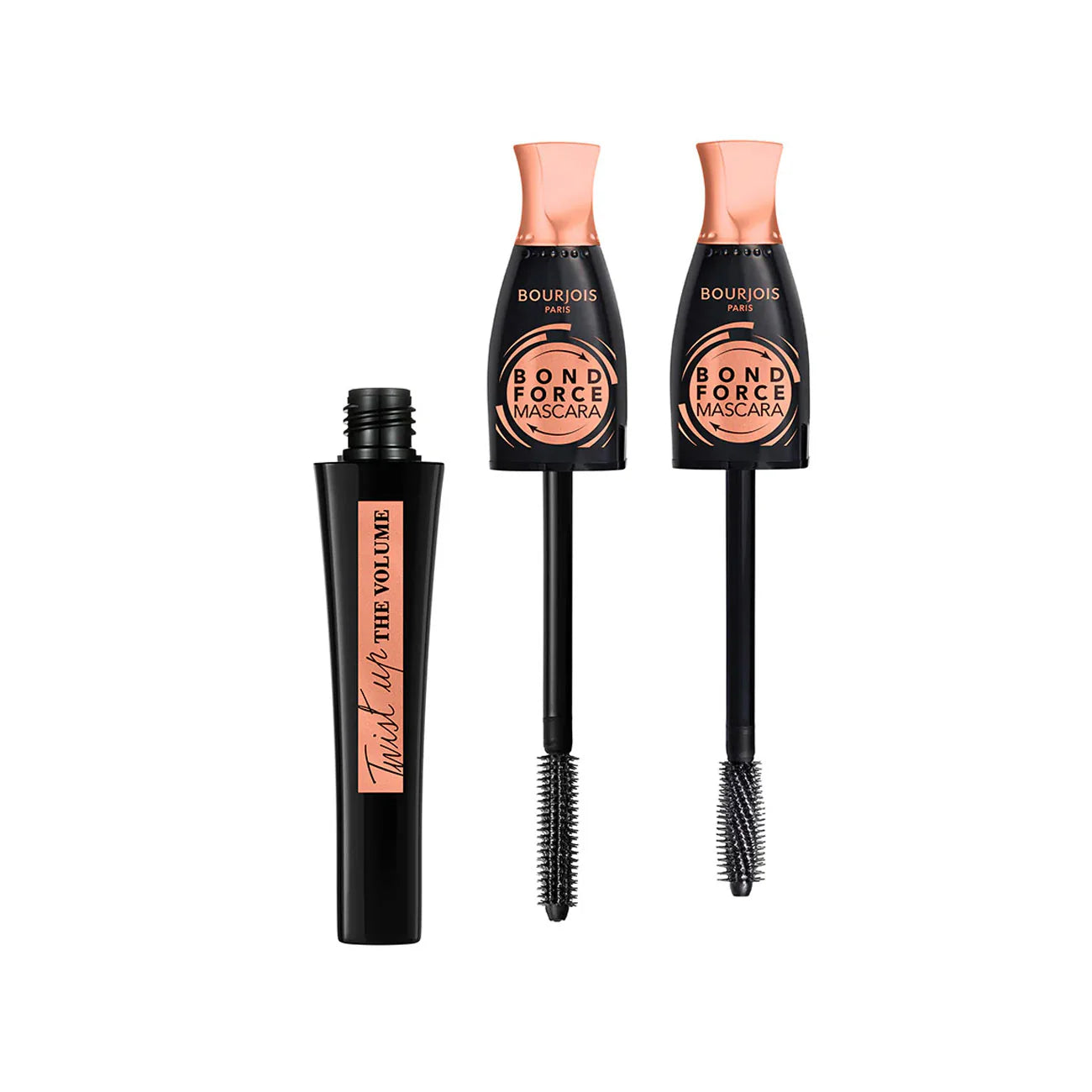 Two Bourjois Bond Force mascaras on a white background