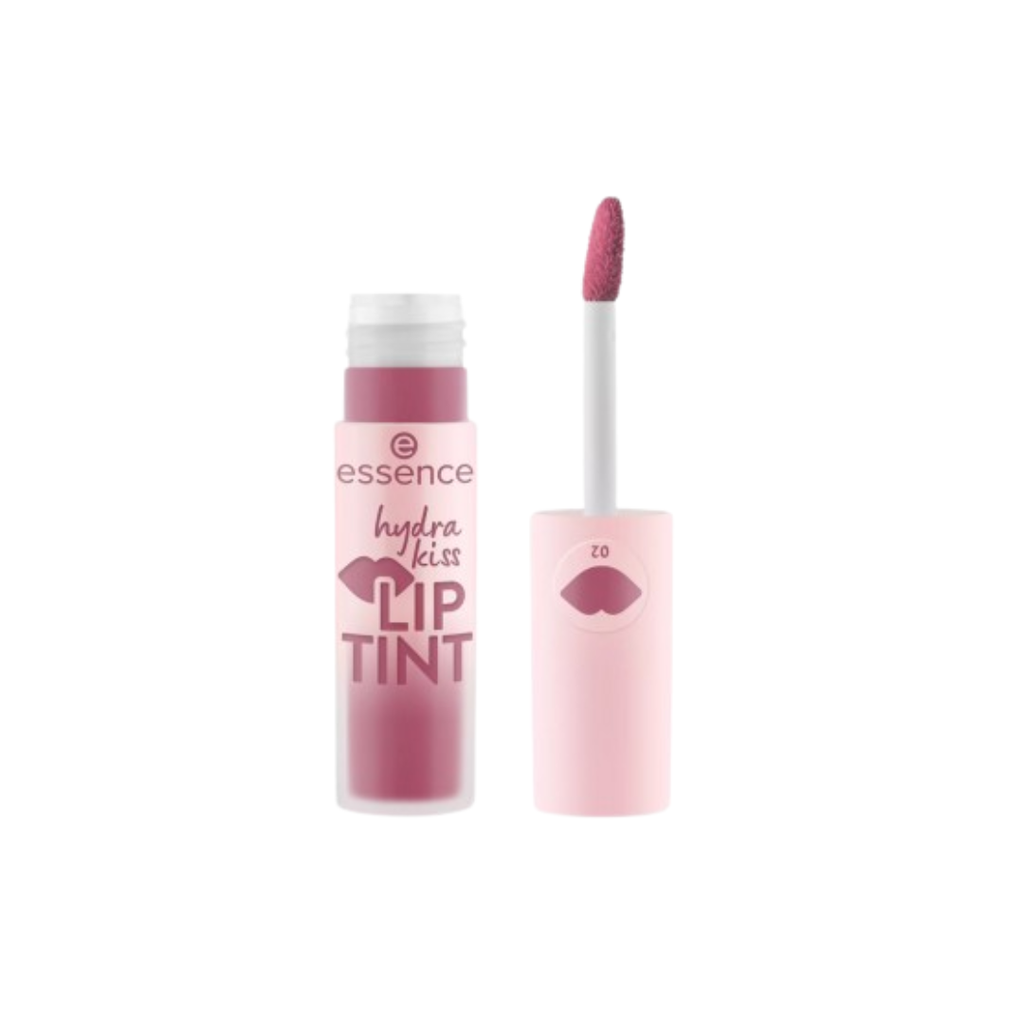 Essence hydra kiss Lip tint with applicator and packaging on a white background