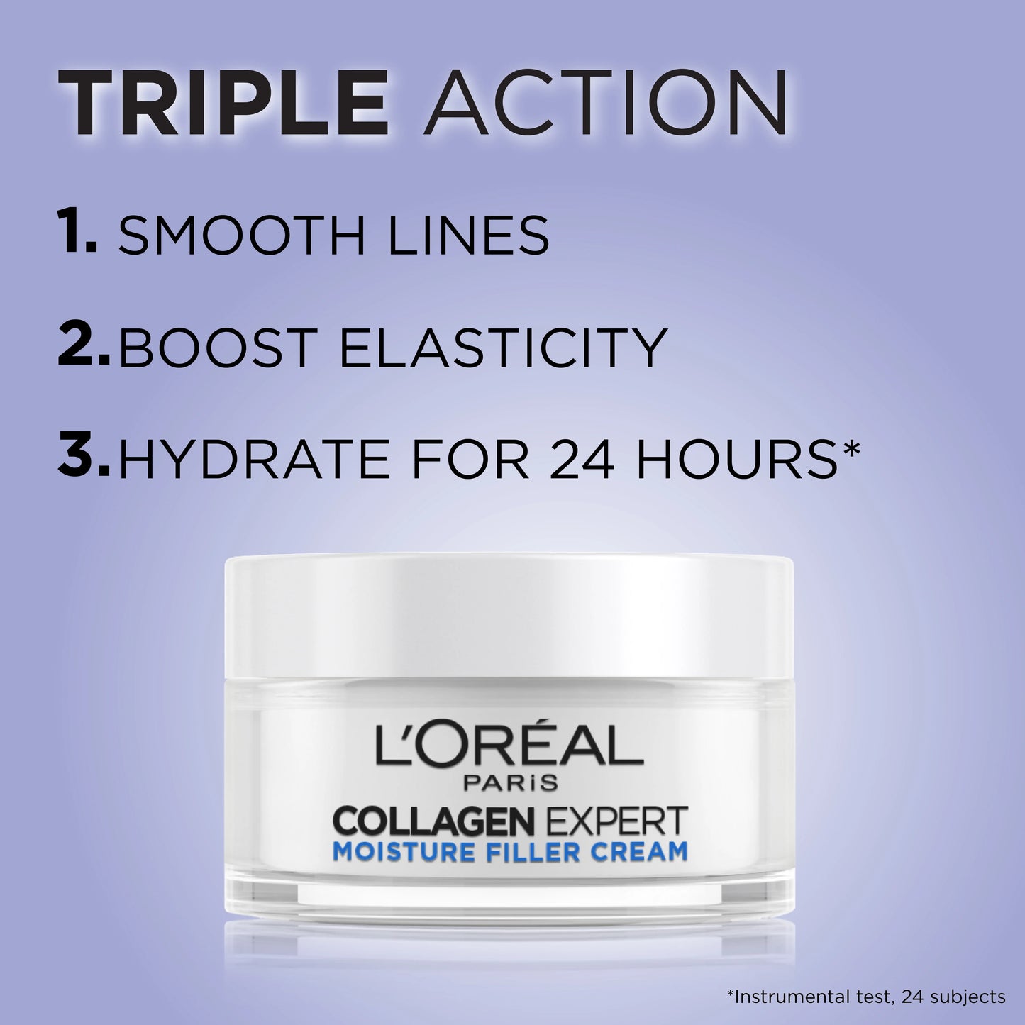 L'Oreal Collagen Expert moisture filler cream jar with triple action benefits on a purple background
