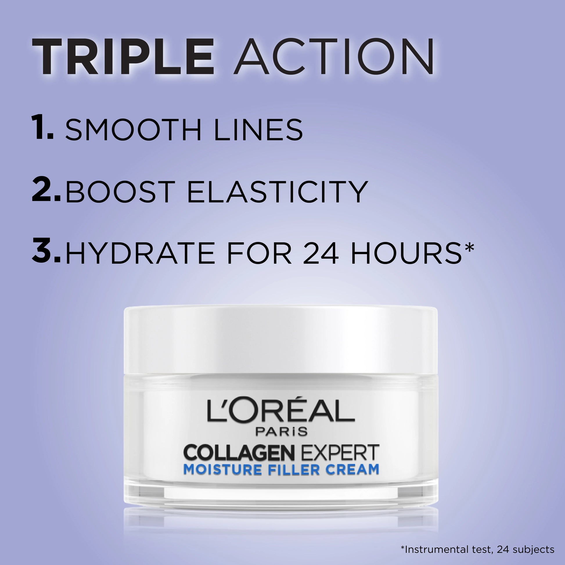 L'Oreal Collagen Expert moisture filler cream jar with triple action benefits on a purple background