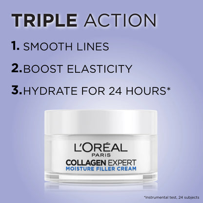 L'Oreal Collagen Expert moisture filler cream jar with triple action benefits on a purple background