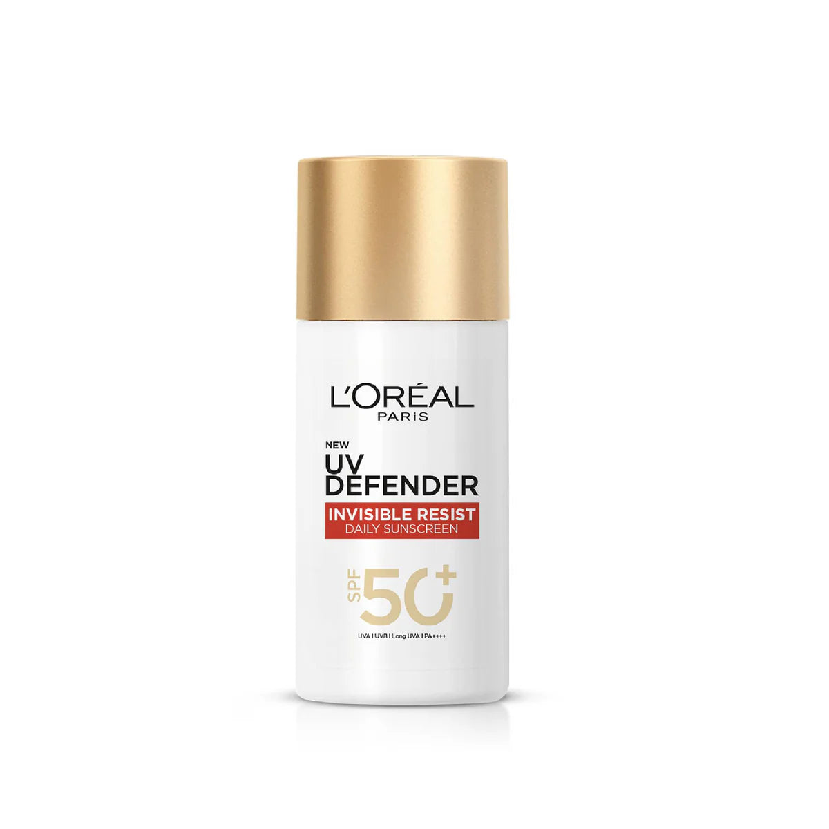 L'Oreal UV Defender sunscreen bottle on a white background