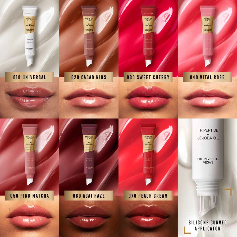 Lip balm tubes with corresponding lip color swatches on a red background