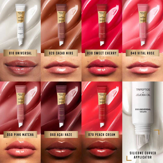 Lip balm tubes with corresponding lip color swatches on a red background