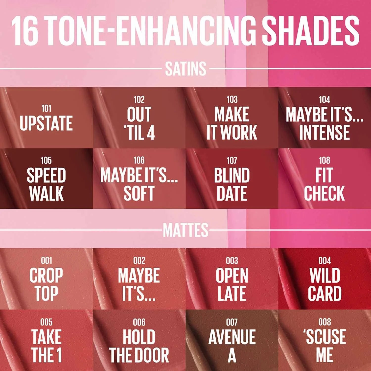 Color swatches of Maybelline lipstick shades with names on a pink background