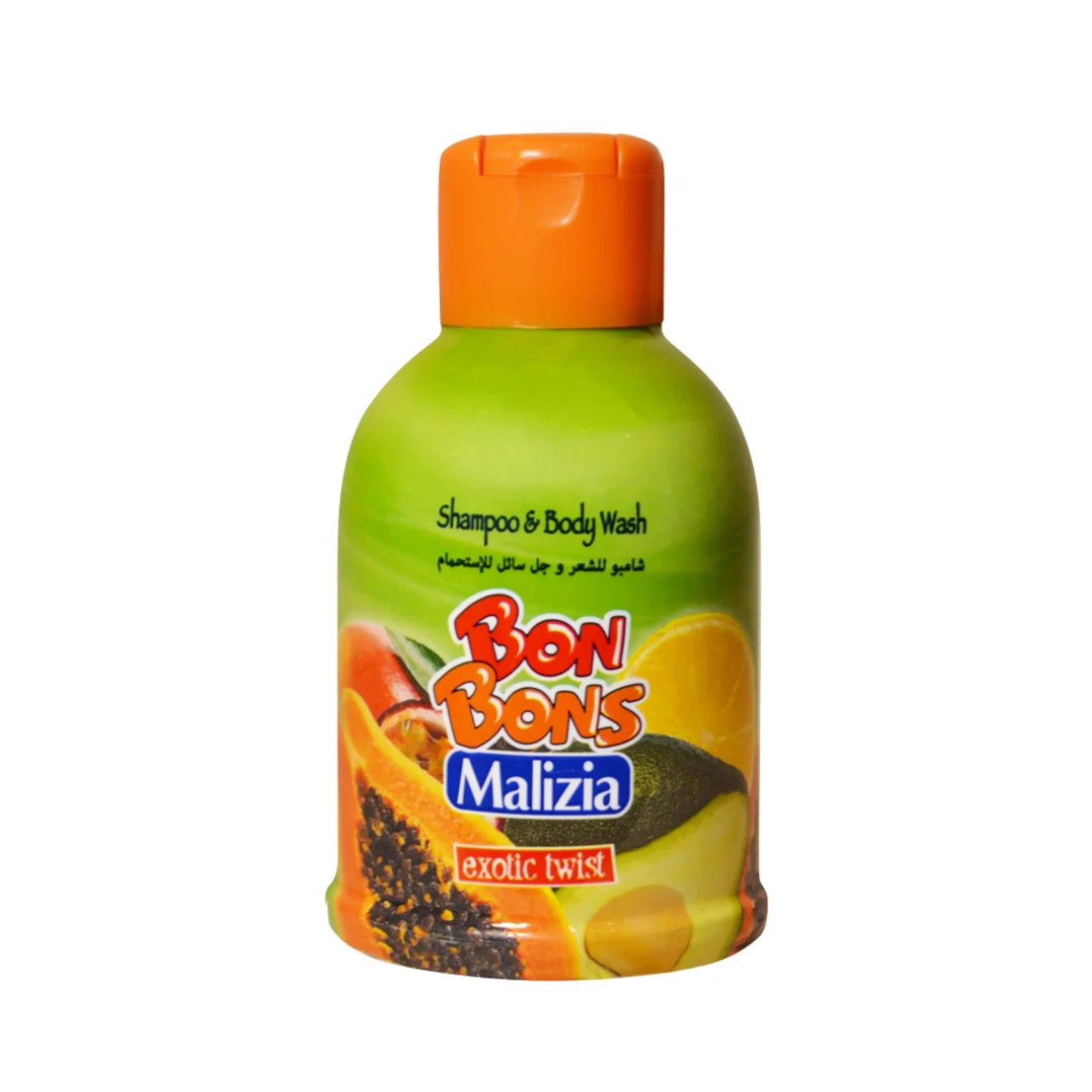 Green bottle of Bon Bons Malizia shampoo and body wash with orange cap on a white background