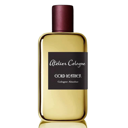 Gold perfume bottle with a black label on a white background