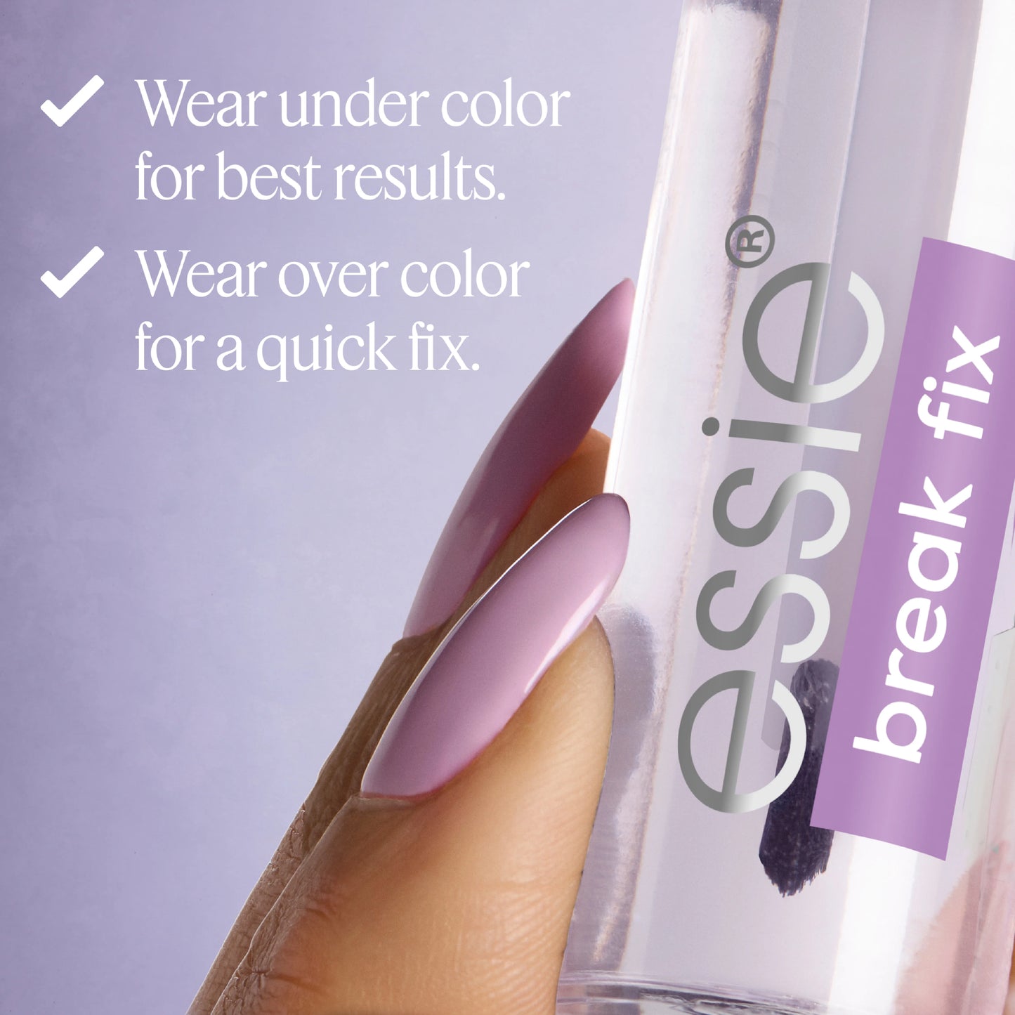Essie nail polish bottle with text on a light purple background