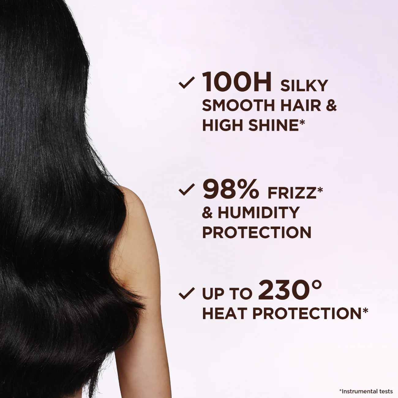 Long black hair with text highlighting hair care benefits on a light pink background