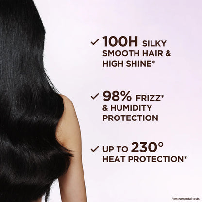 Long black hair with text highlighting hair care benefits on a light pink background