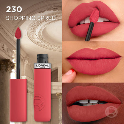 L'Oreal lipstick with close-up shots of lips wearing the shade '230 Shopping Spree'.