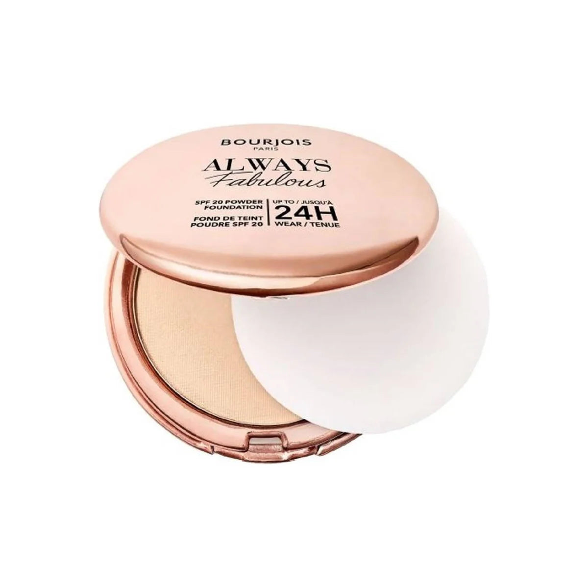 Bourjois Always Fabulous SPF 20 Powder Foundation with rose gold casing on a white background