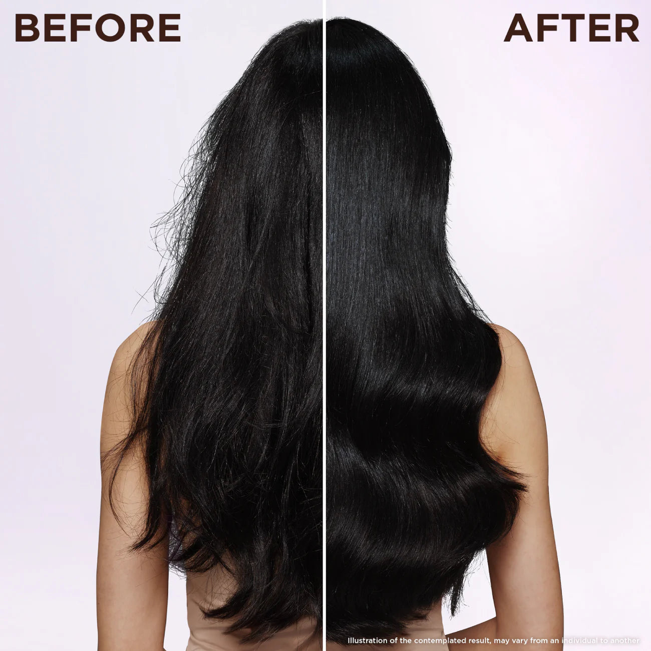 Before and after comparison of hair treatment on a person with long, straight black hair.