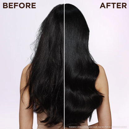Before and after comparison of hair treatment on a person with long, straight black hair.
