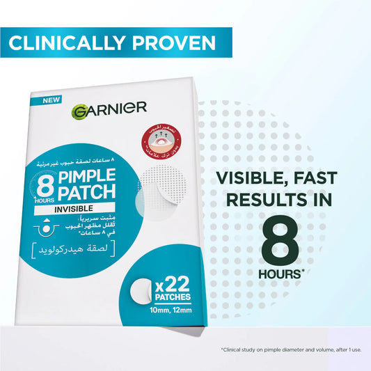 Garnier 8 Pimple Patch packaging with text about clinical proven results and fast results in 8 hours.