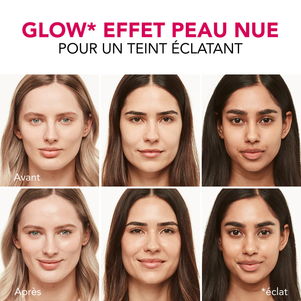 Before and after comparison of skin effects with text 'Glow* Effect Peau Nue' on a white background.