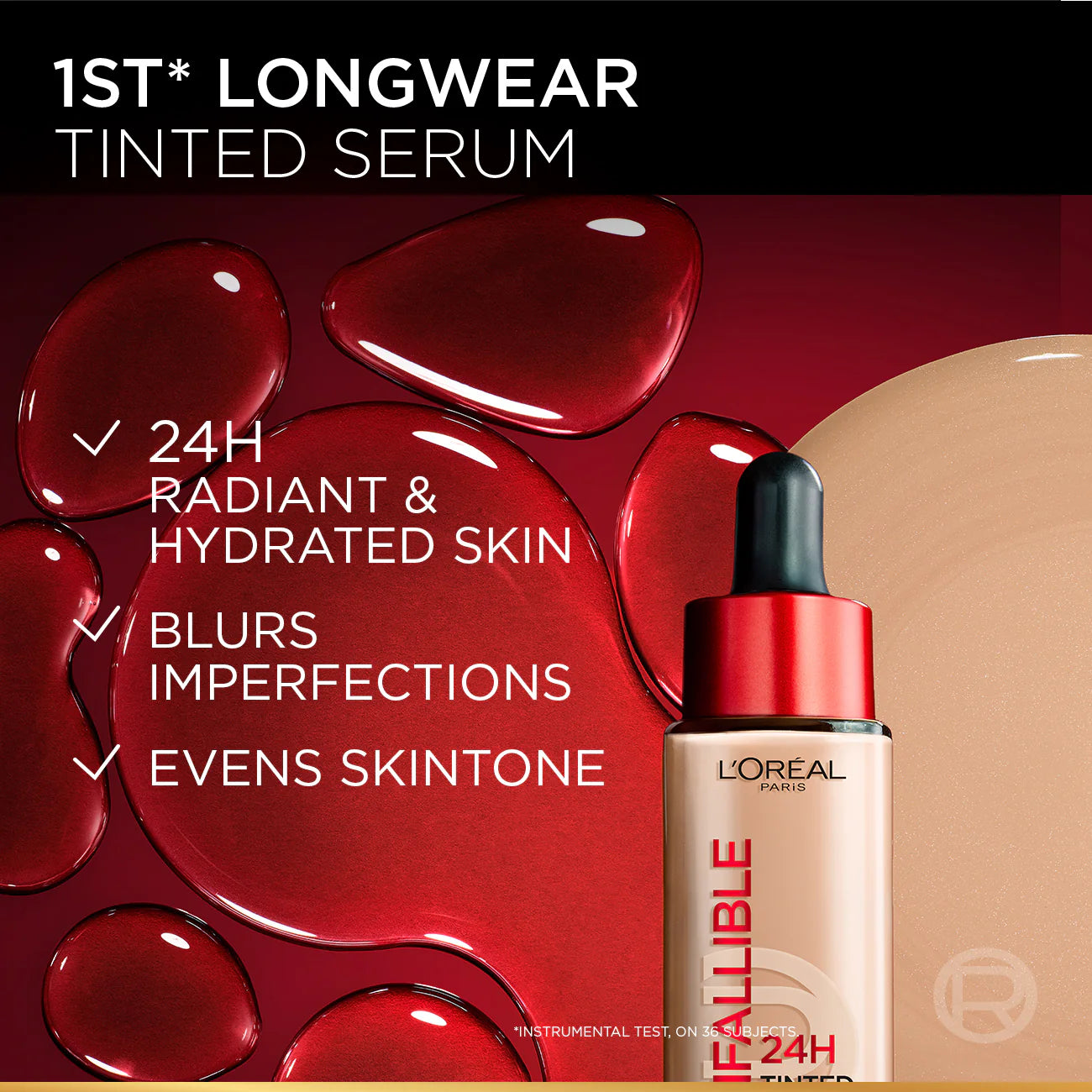 L'Oreal Infallible 24H Tinted Serum with red serum droplets on a dark background
