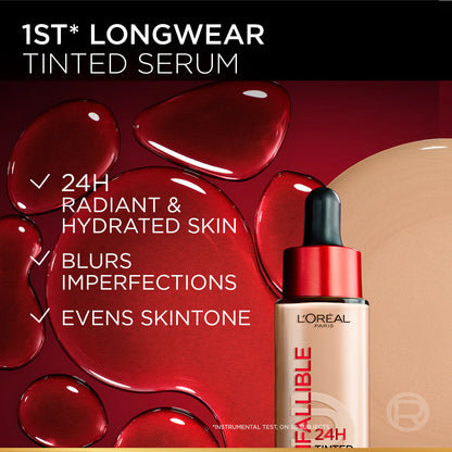 L'Oreal Infallible 24H Tinted Serum with red serum droplets on a dark background