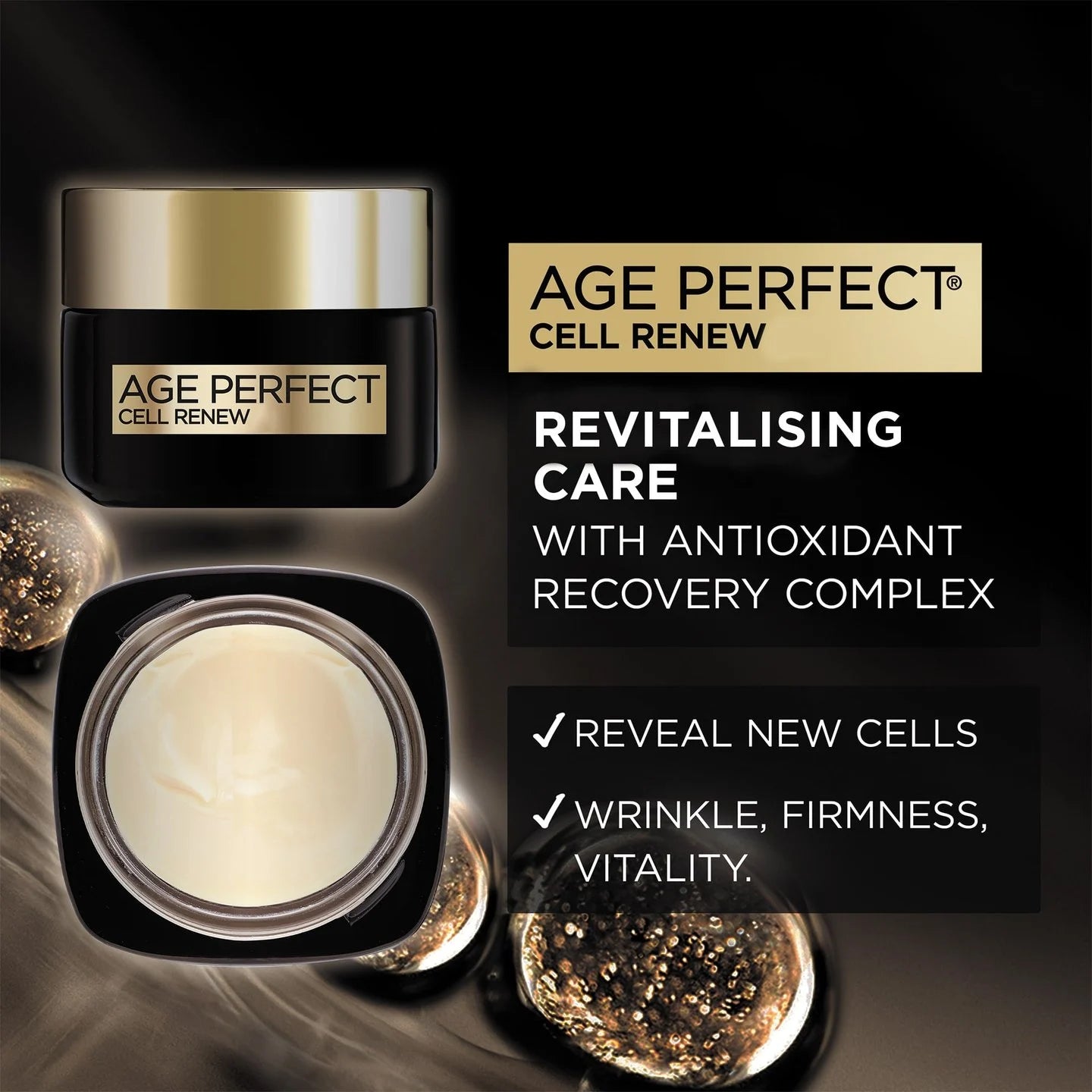 Age Perfect Cell Renew skincare product with text on a dark background