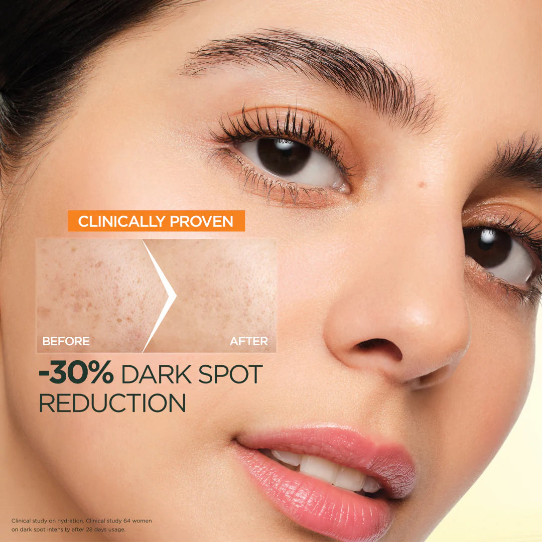 Before and after comparison of dark spot reduction on a woman's face with text indicating clinical proven results.