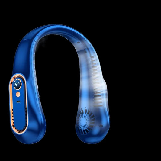 Blue neck massager with digital display on a black background