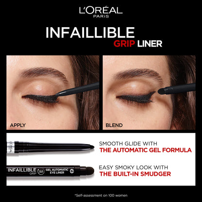 L'Oreal Infallible Grip Liner advertisement with application steps and product details.