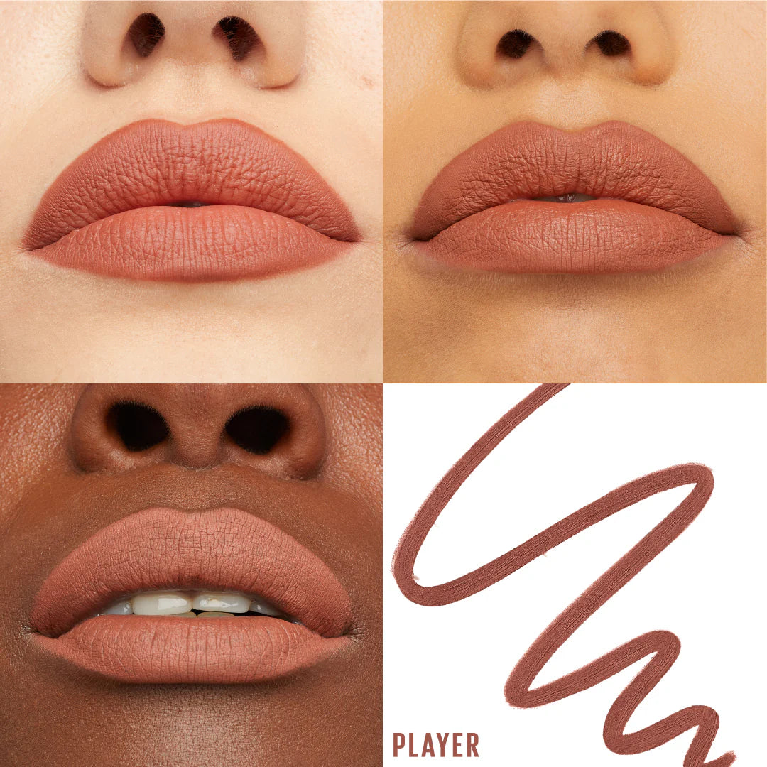 Maybelline Lifter Liner Lip Liner With Hyaluronic Acid swatches on different skin tones with  'Player' shade.