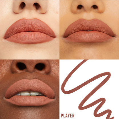 Maybelline Lifter Liner Lip Liner With Hyaluronic Acid swatches on different skin tones with  'Player' shade.
