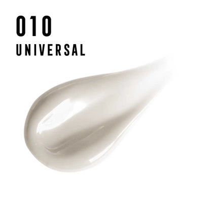 Close-up of a white ceramic spoon with '010 Universal' text on a white background