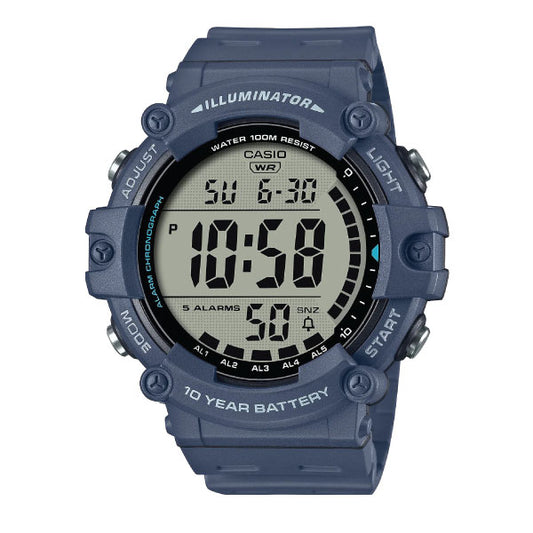 Blue digital Casio watch with various features on a white background