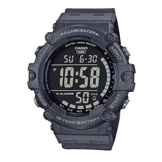 A black Casio digital sports watch with a rugged resin case, featuring a large display showing the time as 10:58 and various functional buttons around the bezel.