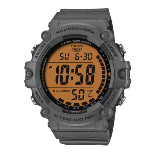 A Casio digital sports watch with a dark gray resin case and strap, featuring a prominent orange display screen with black digital text.