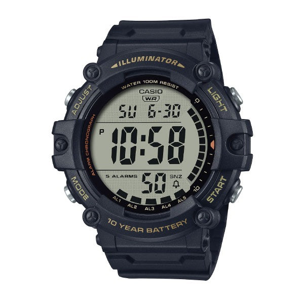 Black digital watch with digital display on a white background