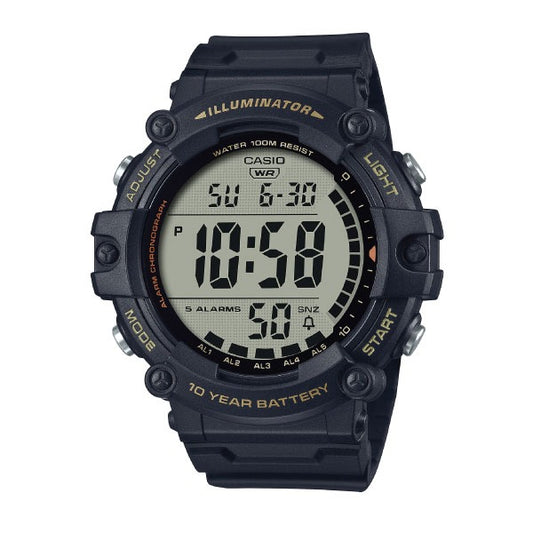 Black digital watch with digital display on a white background